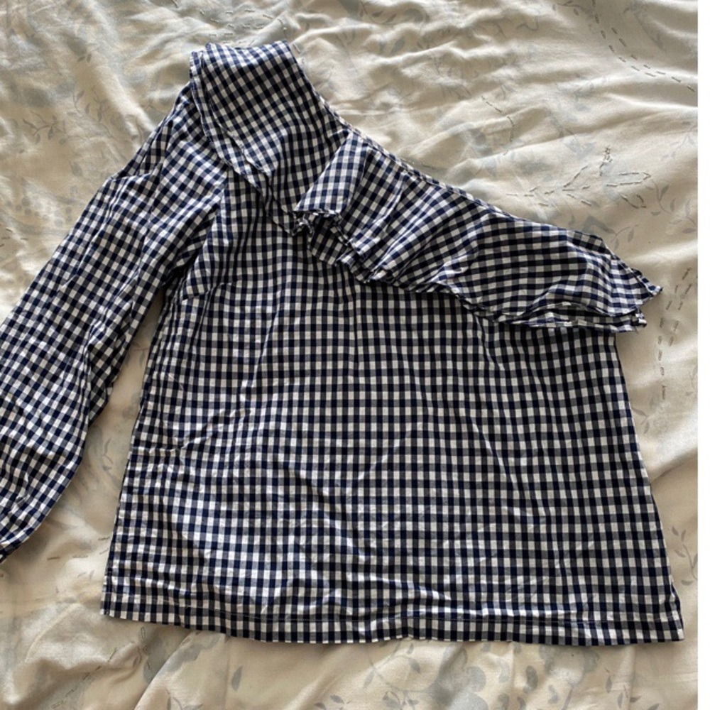 J Crew Blue and White Checkered One Shoulder Top